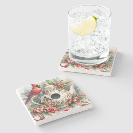 Teapot Birdhouse Kardinal 7 Steinuntersetzer (Seitenansicht)