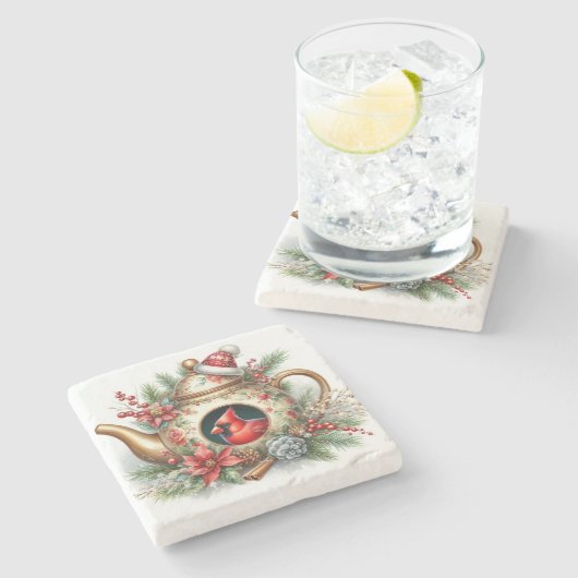 Teapot Birdhouse Kardinal 8 Steinuntersetzer (Seitenansicht)