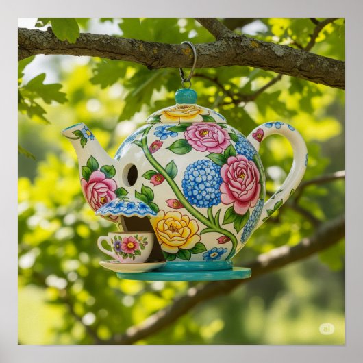 Teapot Birdhouse mit Blume Poster (Vorne)