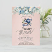 Teapot Blueberry Floral Baby Dusche Einladung (Stehend Vorderseite)