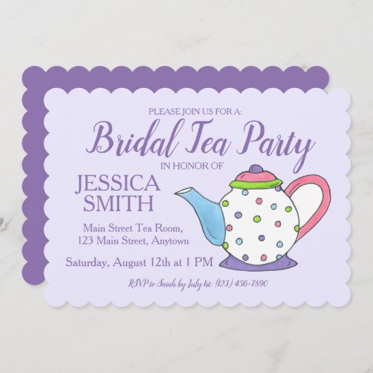 Teapot Bridal Polterabend Lila Tee Party Einladung (Vorne/Hinten)