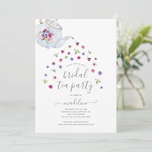 Teapot Floral Brautparty Tee Party Einladung (Stehend Vorderseite)