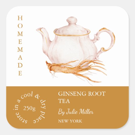 Teapot Ginseng Root Tee Label Quadratischer Aufkleber (Vorderseite)