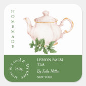 Teapot Lemon Balm Tea Label Quadratischer Aufkleber (Vorderseite)