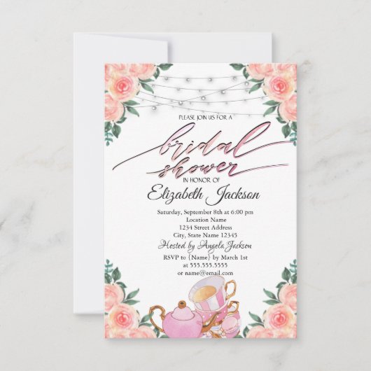 Teapot Macaron String Lights Rose Brautparty Einladung (Vorderseite)