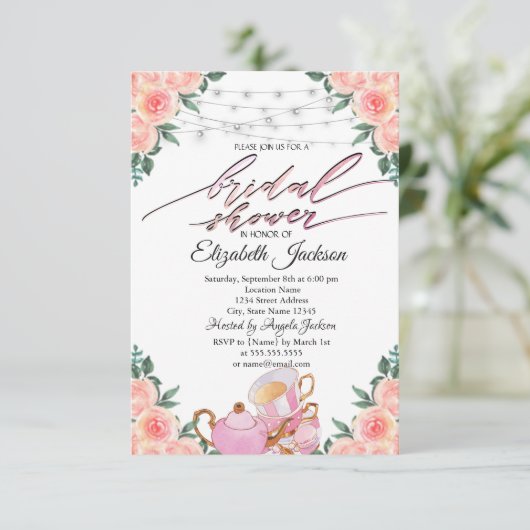 Teapot Macaron String Lights Rose Brautparty Einladung (Stehend Vorderseite)
