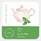 Teapot Mint Tea Label Quadratischer Aufkleber (Vorderseite)