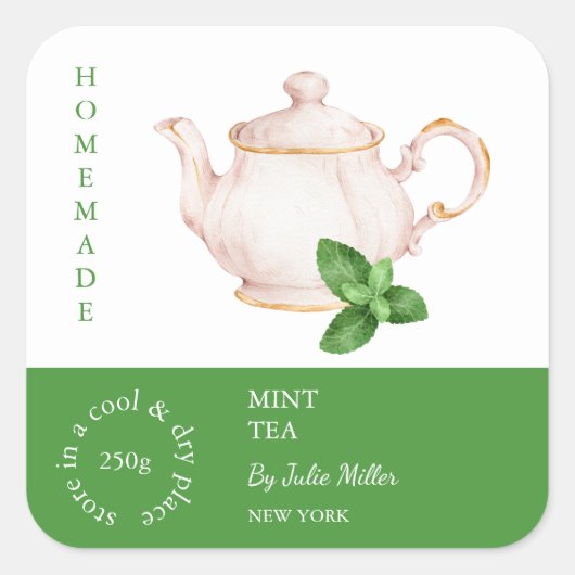 Teapot Mint Tea Label Quadratischer Aufkleber (Vorderseite)