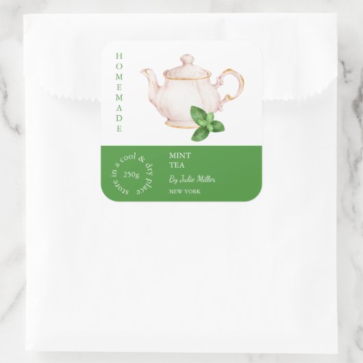 Teapot Mint Tea Label Quadratischer Aufkleber (Tasche)