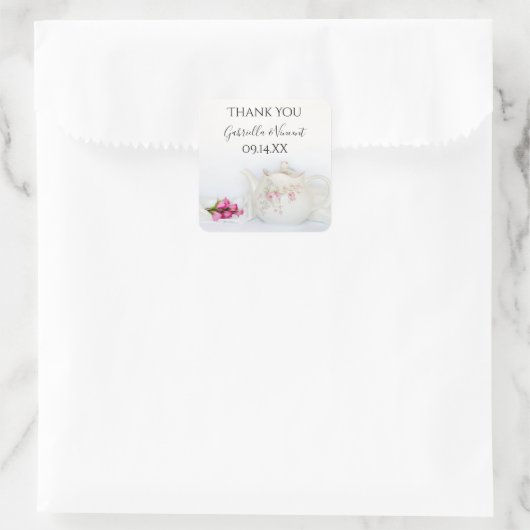 Teapot mit rosa Roses Vielen Dank für Ihr Interess Quadratischer Aufkleber (Tasche)