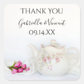 Teapot mit rosa Roses Vielen Dank für Ihr Interess Quadratischer Aufkleber (Vorderseite)