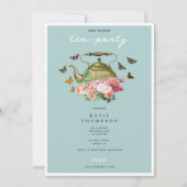 Teapot Party Blue Floral Butterflies Baby Shower Einladung (Vorderseite)
