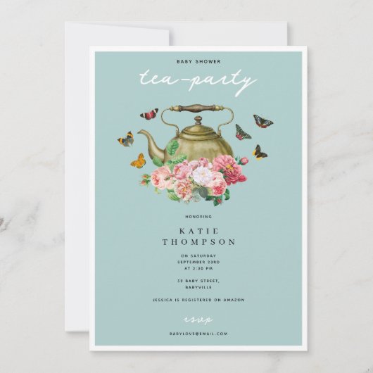 Teapot Party Blue Floral Butterflies Baby Shower Einladung (Vorderseite)