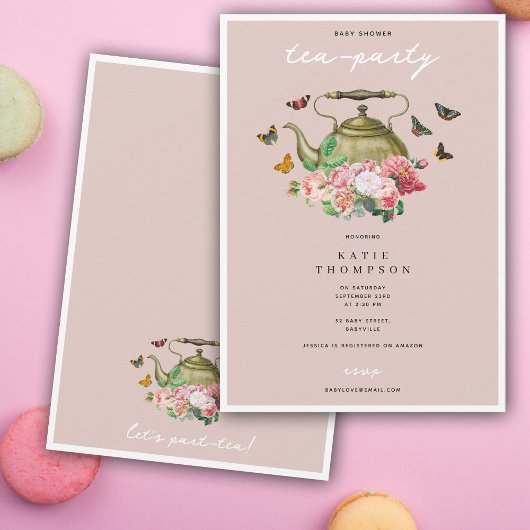 Teapot Party Pink Floral Butterflies Baby Shower Einladung