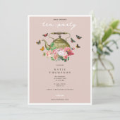 Teapot Party Pink Floral Butterflies Baby Shower Einladung (Stehend Vorderseite)