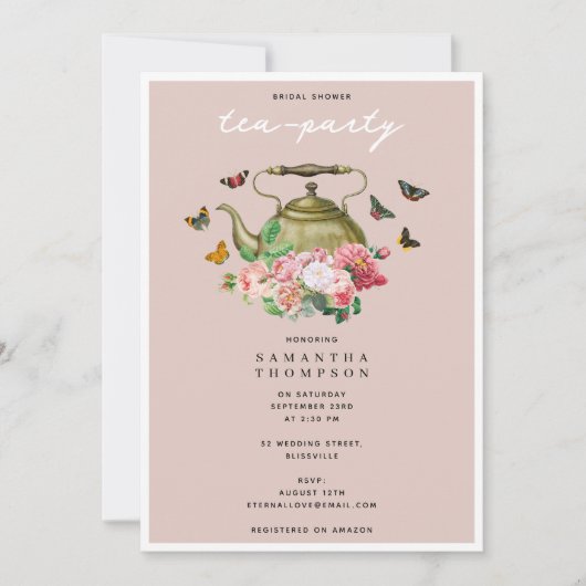 Teapot Party Pink Floral Butterflies Bridal Shower Einladung (Vorderseite)