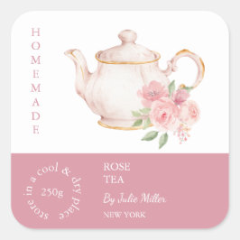 Teapot Rose Tea Label Quadratischer Aufkleber