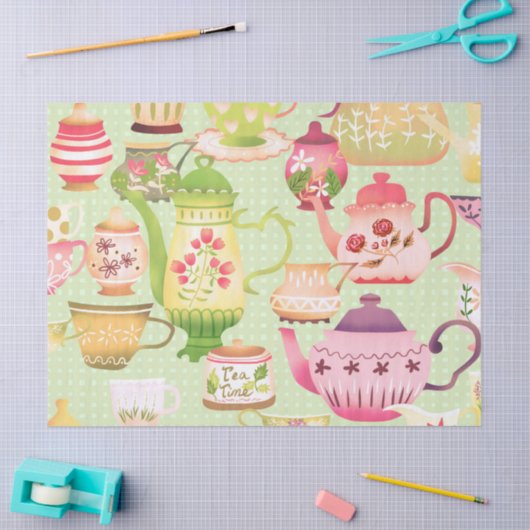 Teapots Teacups Green Seidenpapier (Basteln)
