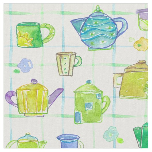 Teapots Teacups Wasserfarbige Blume Stoff (Nahaufnahme)