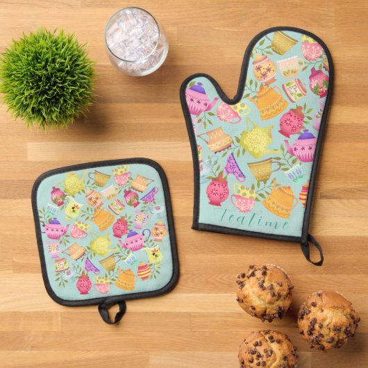 Teapots und Cups Aqua Ofenhandschuh & Topflappen-Set (Oben Unten)