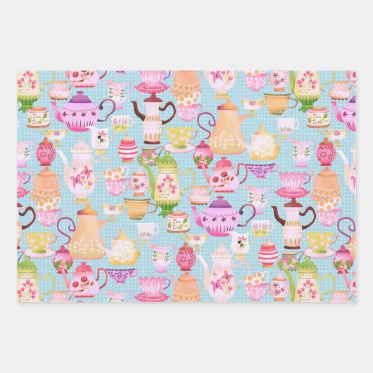 Teapots und Cups Blue Geschenkpapier Set (Vorderseite)