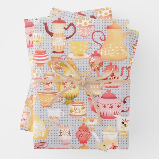 Teapots und Cups Grau Geschenkpapier Set (Beispiel)