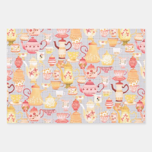 Teapots und Cups Grau Geschenkpapier Set (Vorderseite)