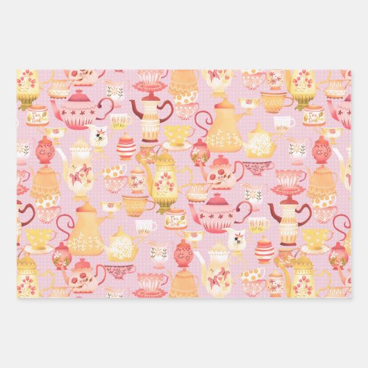 Teapots und Cups Peach Geschenkpapier Set (Vorderseite)