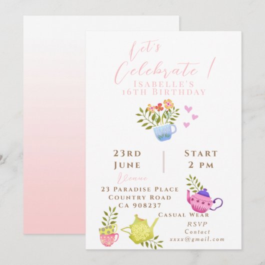 Teapots und Cups zum Geburtstag Ankündigung (Vorne/Hinten)