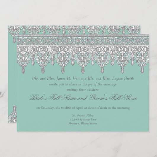 Tear Drop Lace, Light Aqua Blue - Einladung Hochze (Vorne/Hinten)