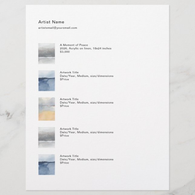 Tear Sheet Price List Template for Art Briefbogen (Vorderseite)