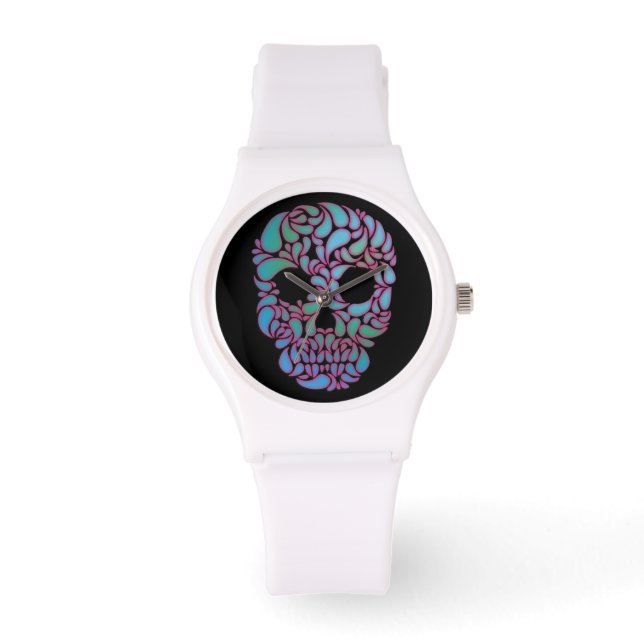 Teardrop Candy Skull in Blau, Grün und Rosa Armbanduhr (Vorderseite)