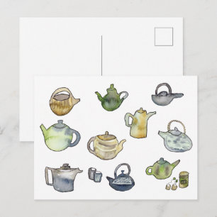 Teatime-Wasserfarbe-Teekannen-Handgemalte Kunst Postkarte