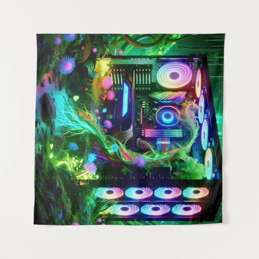 Tech Dschungel: Die Natur trifft Neon in einer Gam Wandteppich (Vorderseite (Horizontal))