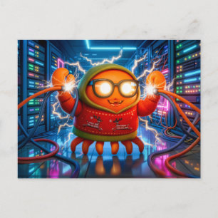 Tech-Krabbe steht vor einem Kurzschluss im Serverr Postkarte