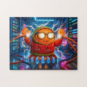 Tech-Krabbe steht vor einem Kurzschluss im Serverr Puzzle