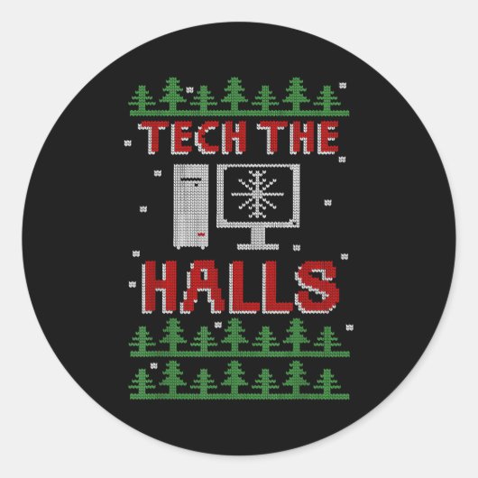 Tech The Halls Ugly Computer Geek Festive Christma Runder Aufkleber (Vorderseite)