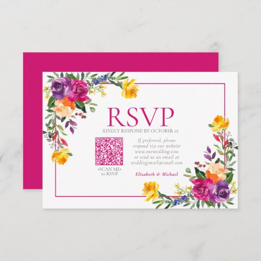 Technicolor Boho Floral QR Code Wedding RSVP (Vorne/Hinten)