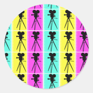 Technicolor-Filmstreifen und Kamerasilhouette Runder Aufkleber