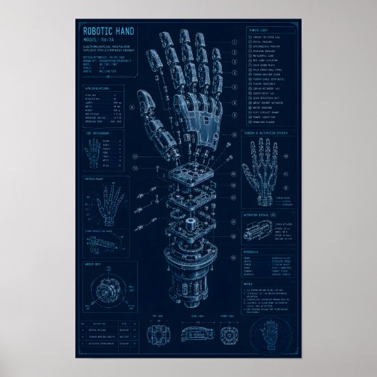 Technischer Bauplan einer Robot-Hand Poster (Vorne)
