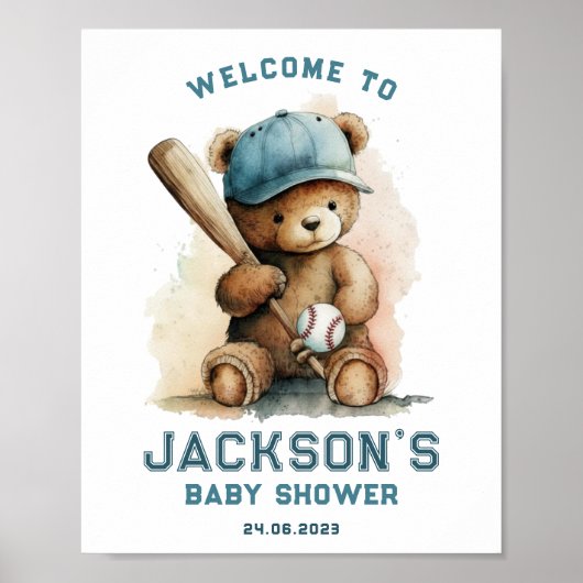 Tedd Bear Baseball Player Boy Begrüßungs Baby Dusc Poster (Vorne)