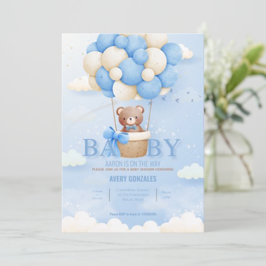 Teddby Bear Balloon Blue Sky Baby Boy Dusche Einladung (Stehend Vorderseite)