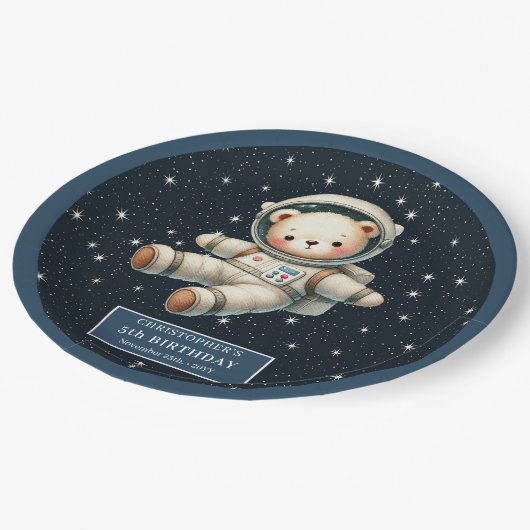Teddy Astronaut Boy Birthday Party Paper Plate Pappteller (Schrägansicht)