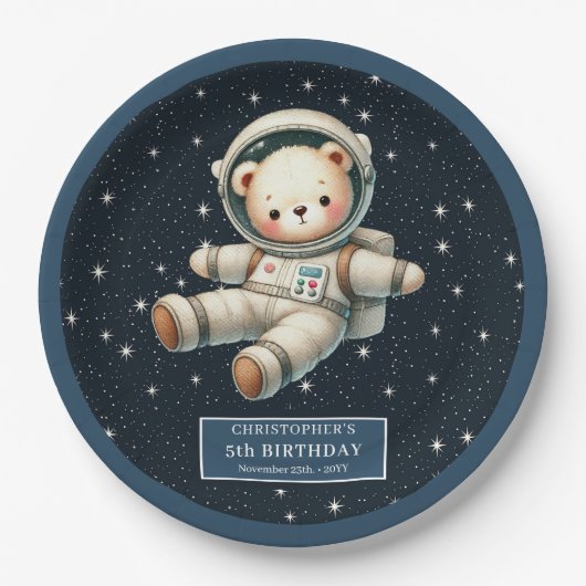 Teddy Astronaut Boy Birthday Party Paper Plate Pappteller (Vorderseite)