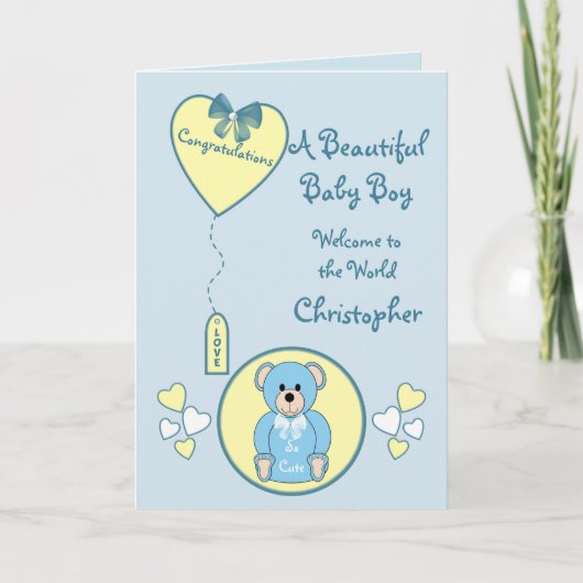 Teddy-Baby-Boy-Card-Teddy ist blau und gelb Karte (Vorderseite)