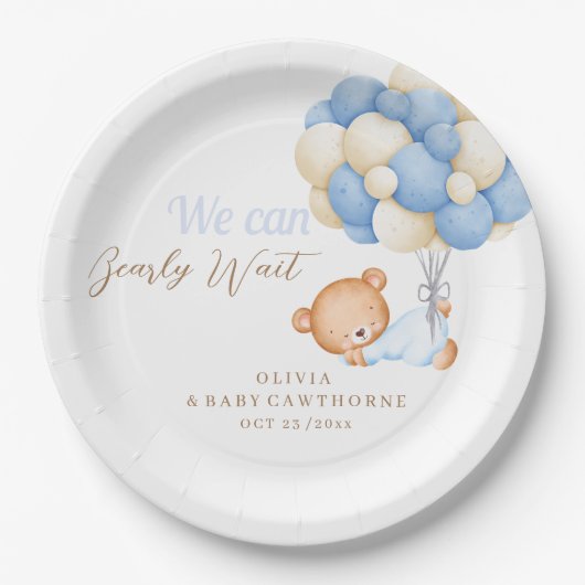 Teddy Baby Boy Shower Pappteller (Vorderseite)