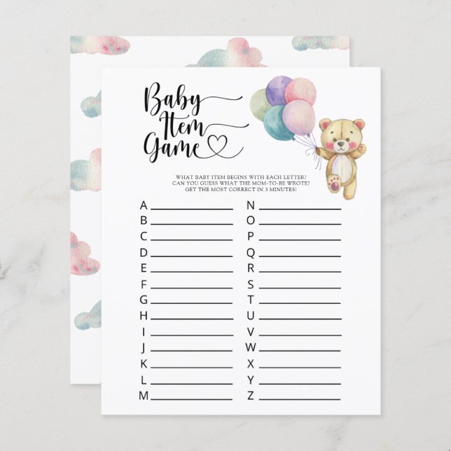 Teddy - Baby Item Game. Baby Shower Game (Vorne/Hinten)