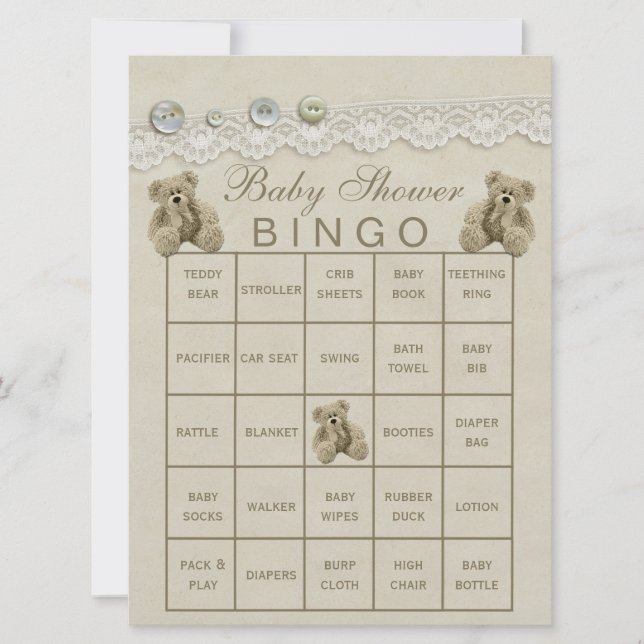 Teddy Baby Shower Bingo, fertig ausgefüllt (Vorderseite)