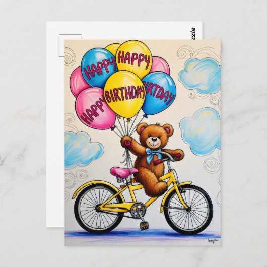 Teddy Bär auf dem Fahrrad mit Ballons Postkarte (Vorne/Hinten)