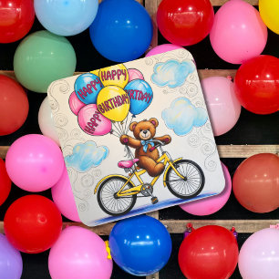 Teddy Bär auf dem Fahrrad mit Ballons Quadratischer Aufkleber